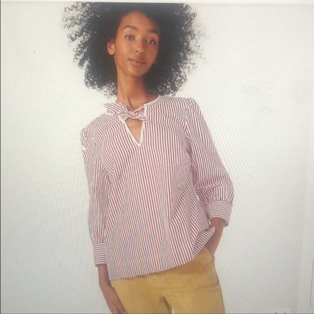 J. Crew Thomas Mason Bow Neck Striped Top Large AR837 3/4 Sleeve Burgundy White